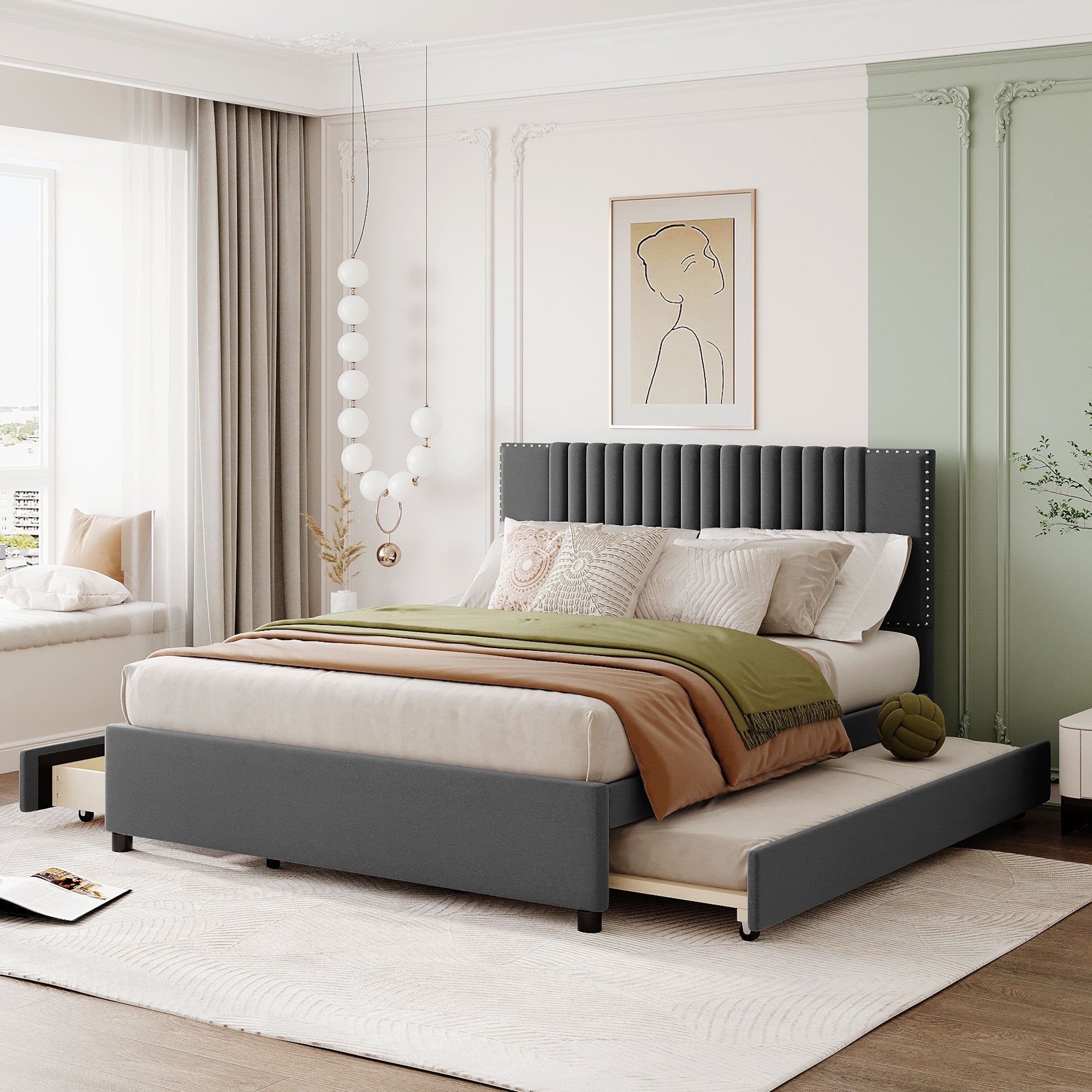 Queen Size Upholstered Platform Bed with 2 Drawers and 1 Twin XL Trundle, Classic Headboard Design, Gray - Atlantic Fine Furniture Melbourne FL