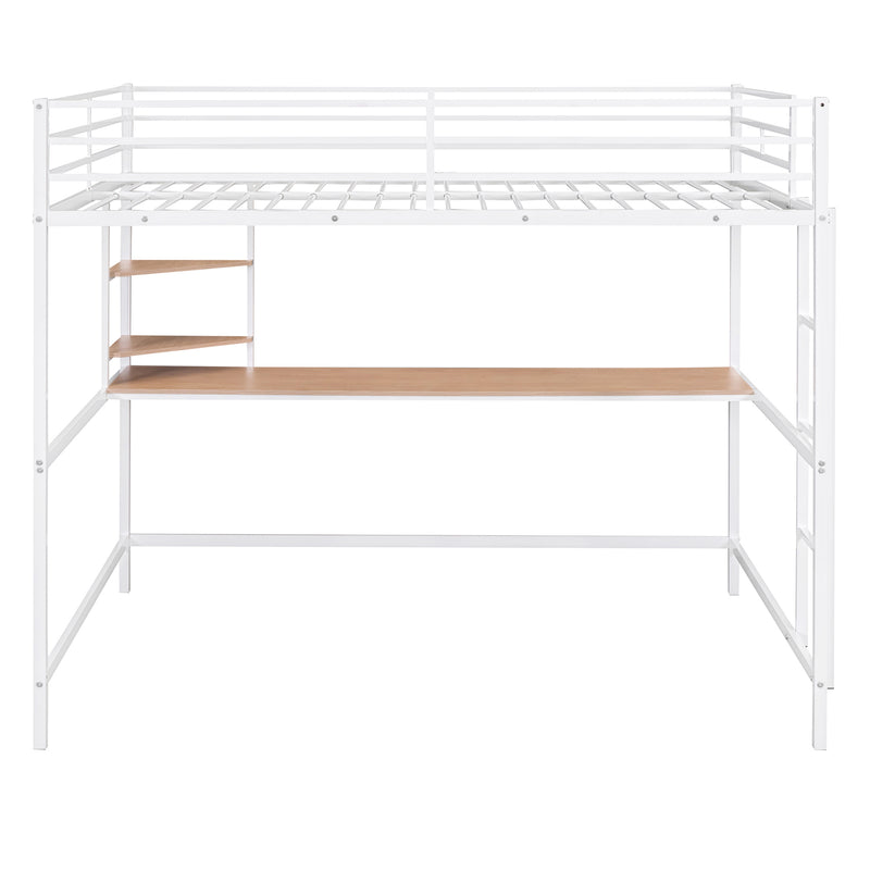 Full Metal Loft Bed with Desk and Shelve, White