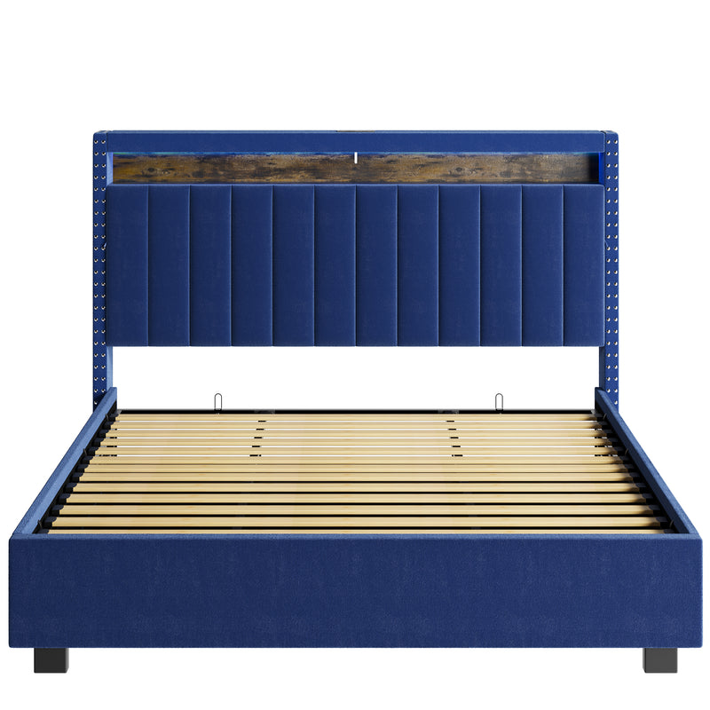 Luxury Gas Lift Storage Bed with RF LED Lights, Storage Headboard ,King Size ,Velvet Blue