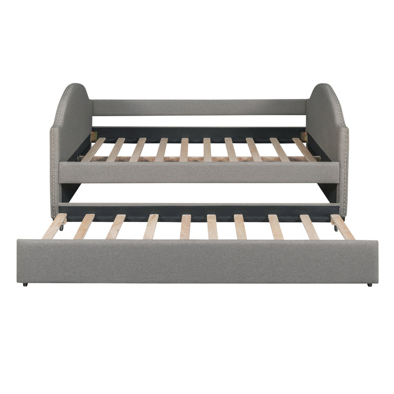 Full size Upholstered Daybed with Twin Size Trundle, Wood Slat Support, Gray(OLD SKU :LP000118AAE)