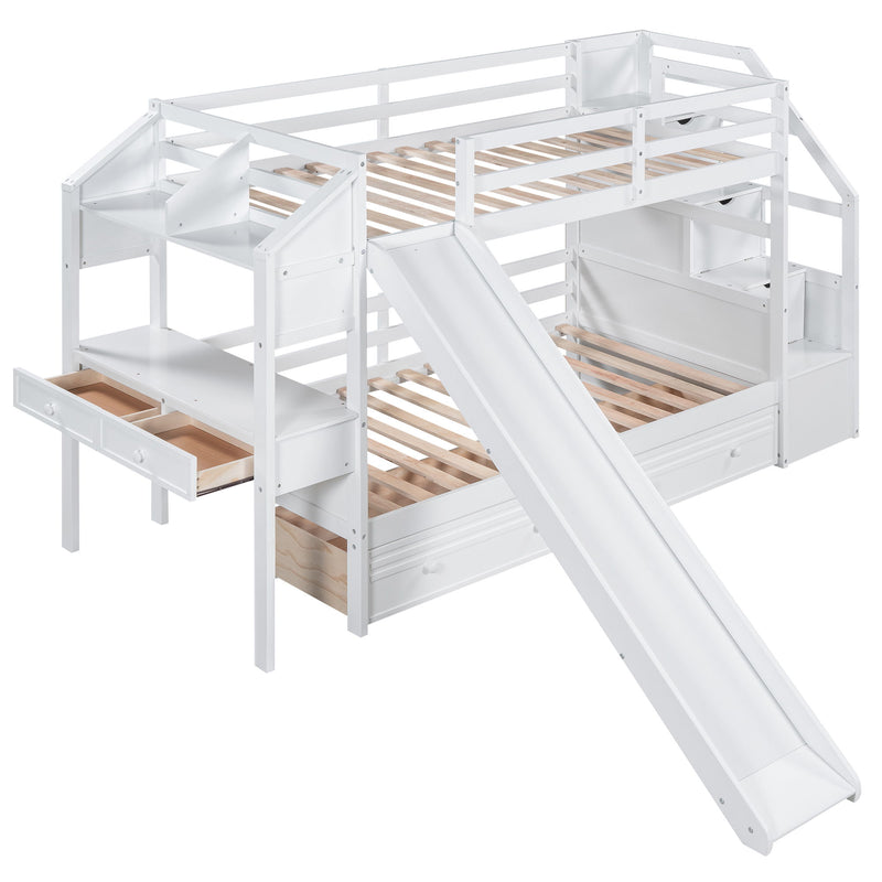 Bunk Bed With Storage Staircase, Slide, Desk, Drawers, And Shelves
