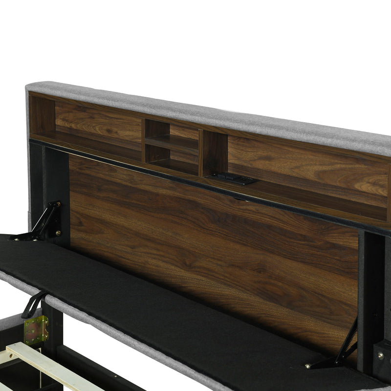 Upholstered Platform Bed With Storage Headboard, Trundle & 2 Drawers And A Set Of Sockets & USB Ports
