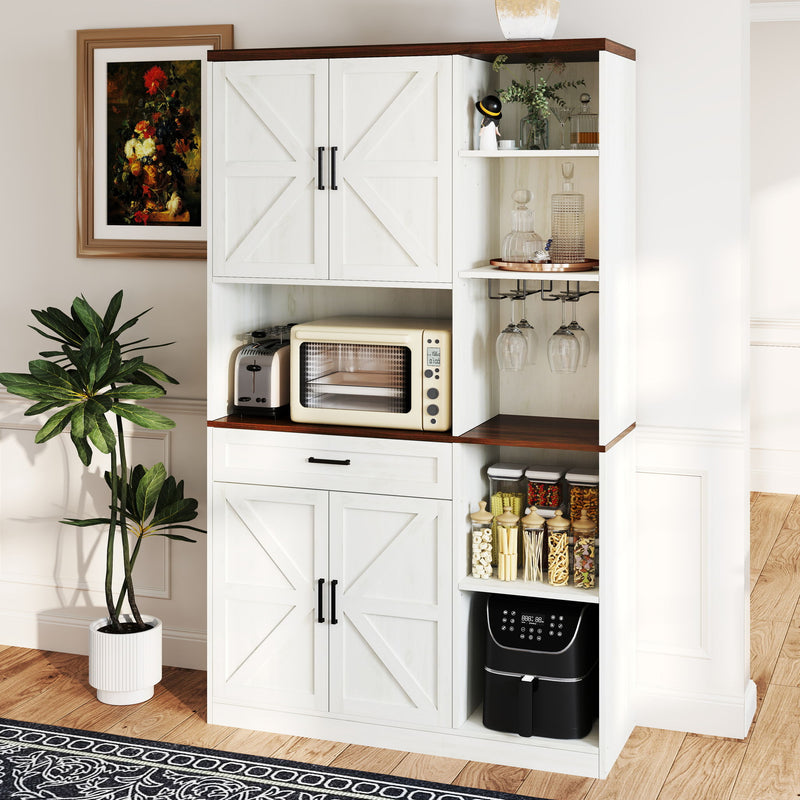 Farmhouse Kitchen Pantry Sideboard With Cabinet And Drawer, Multi Functional Kitchen Buffet With Hutch And Glass Holder, Microwave Stand With Charging Station - Brown / Antique White
