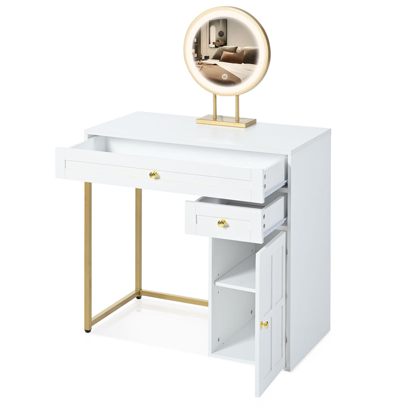Makeup Vanity Desk With Lighted Mirror, Luxury Dressing Table With 2 Drawers And 1 Cabinet, 3 Lighting Modes Available For Bedroom - White / Gold