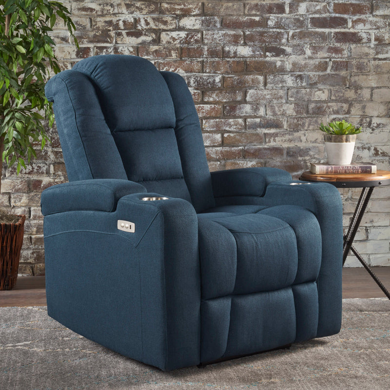 Wide - Power Standard Recliner Chair With Arm Storage With USB - Navy Blue