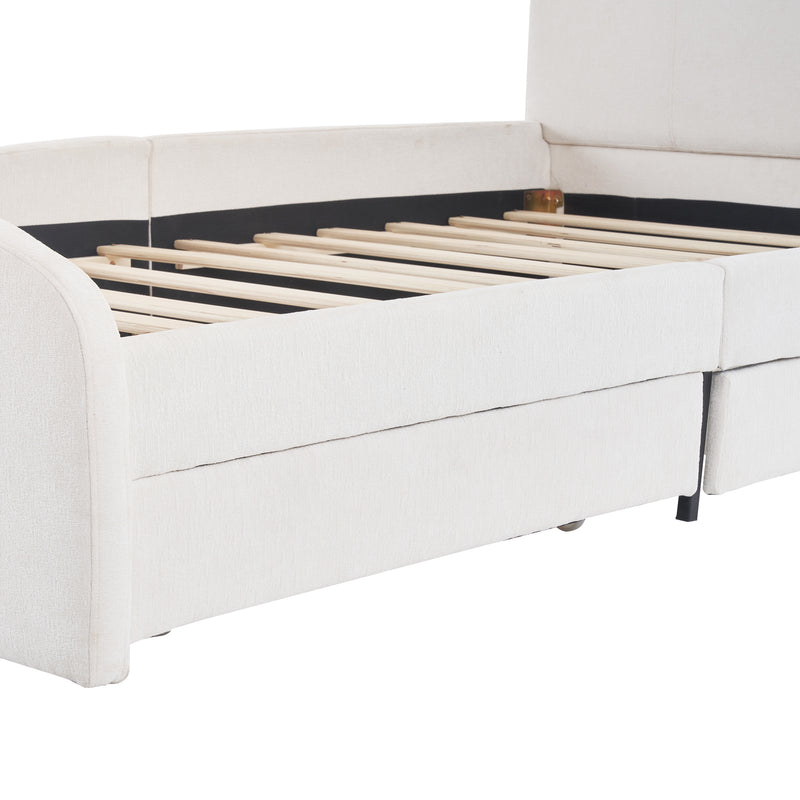 Twin Size Upholstered Platform Bed with Cartoon Ears Shaped Headboard and 2 Drawers, White