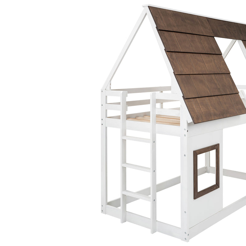 Wood Twin Size House Bunk Bed With Roof, Ladder And Slide - White / Brown