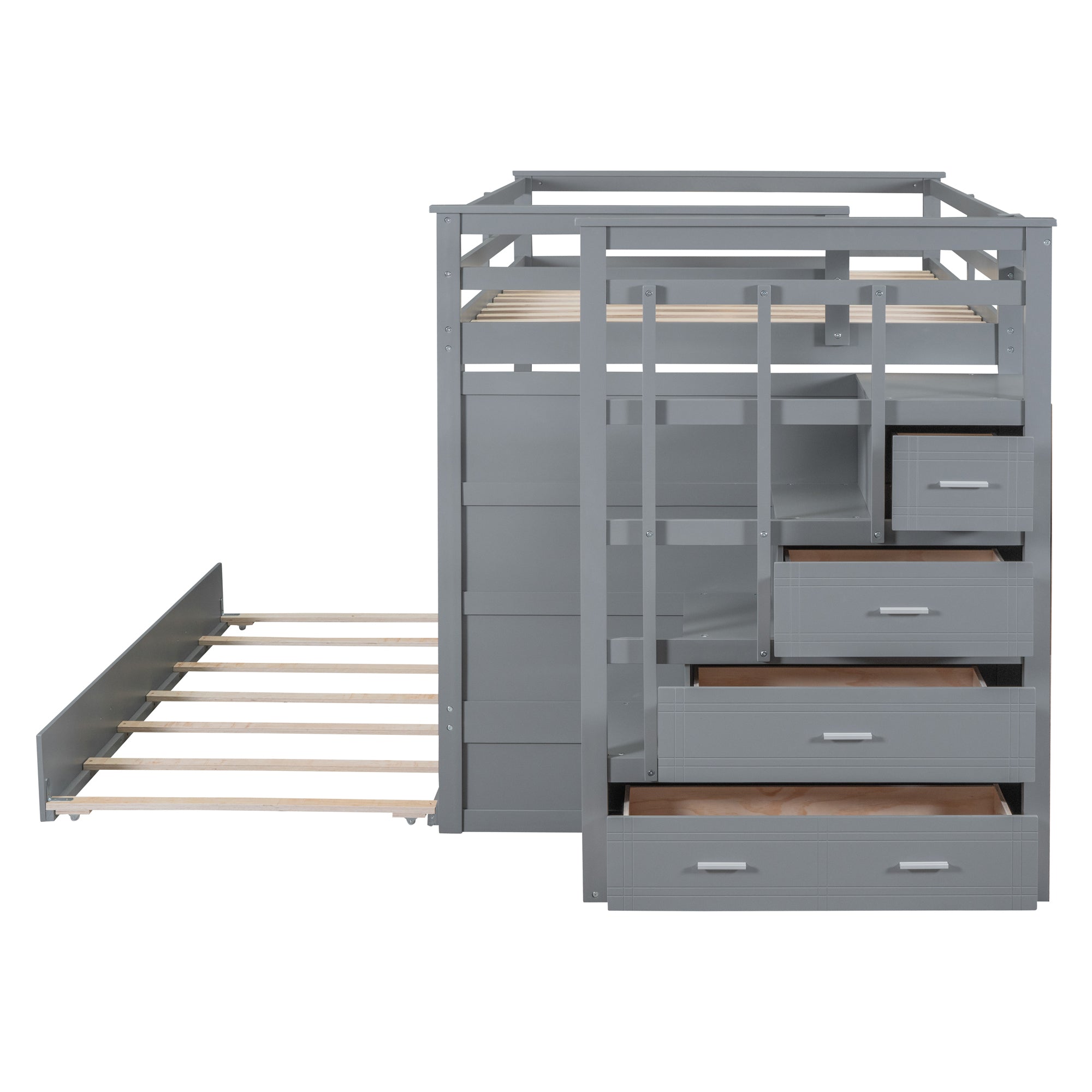 Full Over Full Bunk Bed with Twin Size Trundle and Staircase, Gray - Atlantic Fine Furniture Melbourne FL