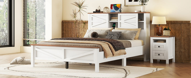 Farmhouse Platform Bed with Double Sliding Barn Door, Queen Size Rustic Wood Bed with
Charging Station, Wood Slats Support, White+Brown