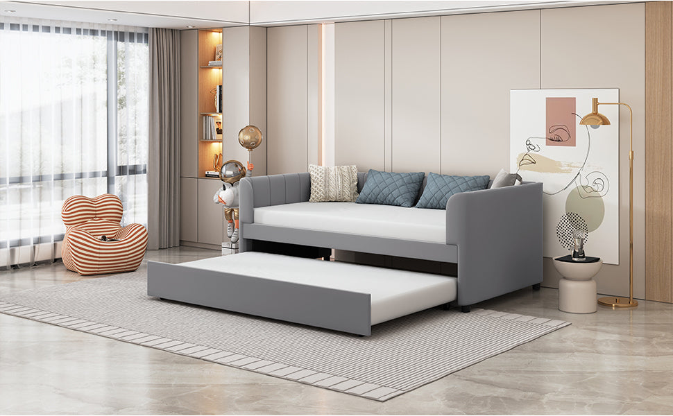 Twin Size Upholstered Daybed with Ergonomic Design Backrest and Trundle, Gray - Atlantic Fine Furniture Melbourne FL