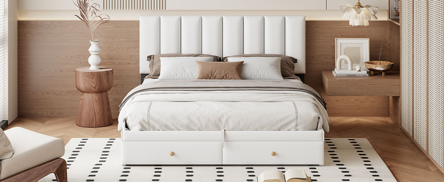 Queen Size Upholstered Bed with Hydraulic Storage System and Drawer, White - Atlantic Fine Furniture Melbourne FL