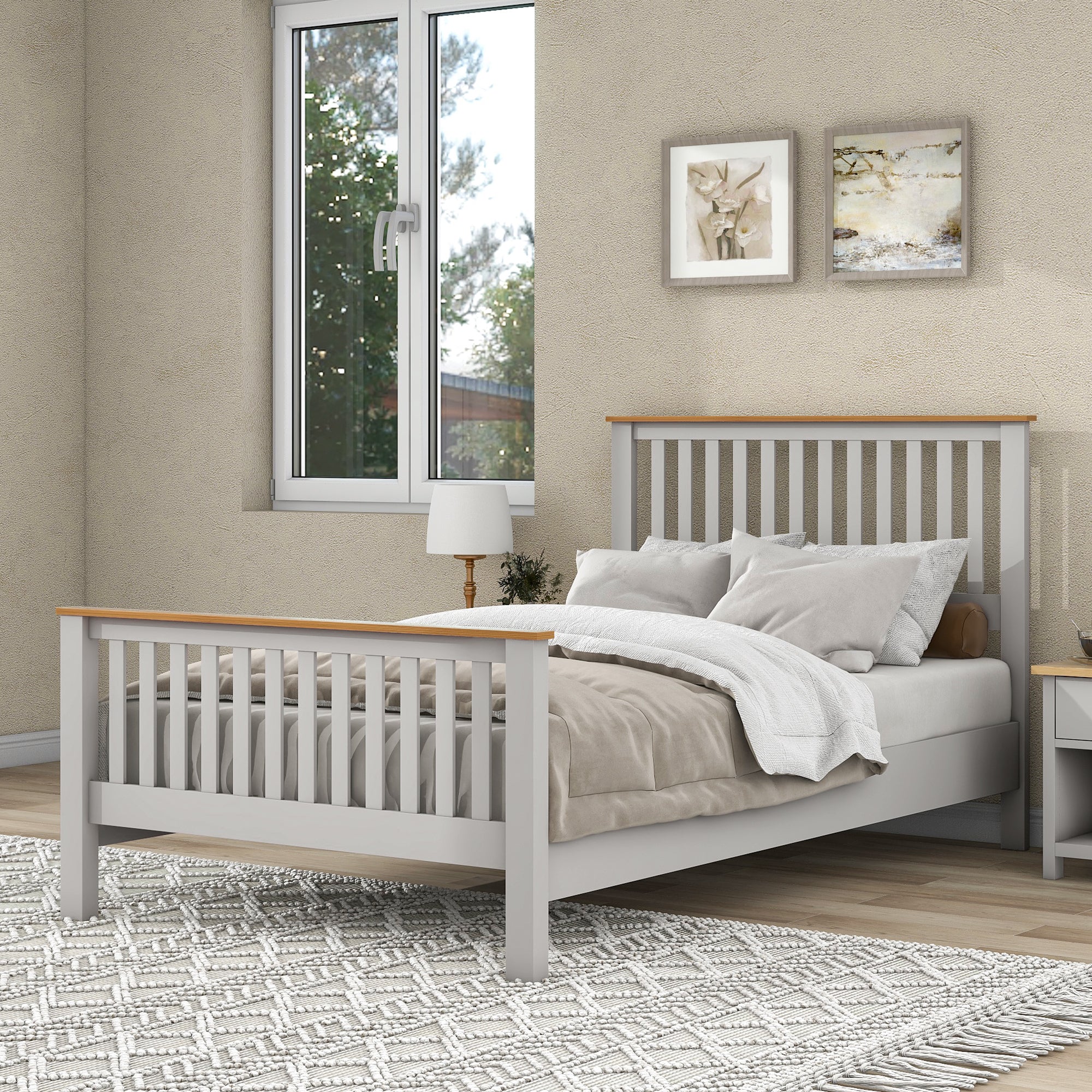 Country Style Concise Gray Solid Platform Bed with Oak Top, No Box Spring Needed, Full - Atlantic Fine Furniture Melbourne FL