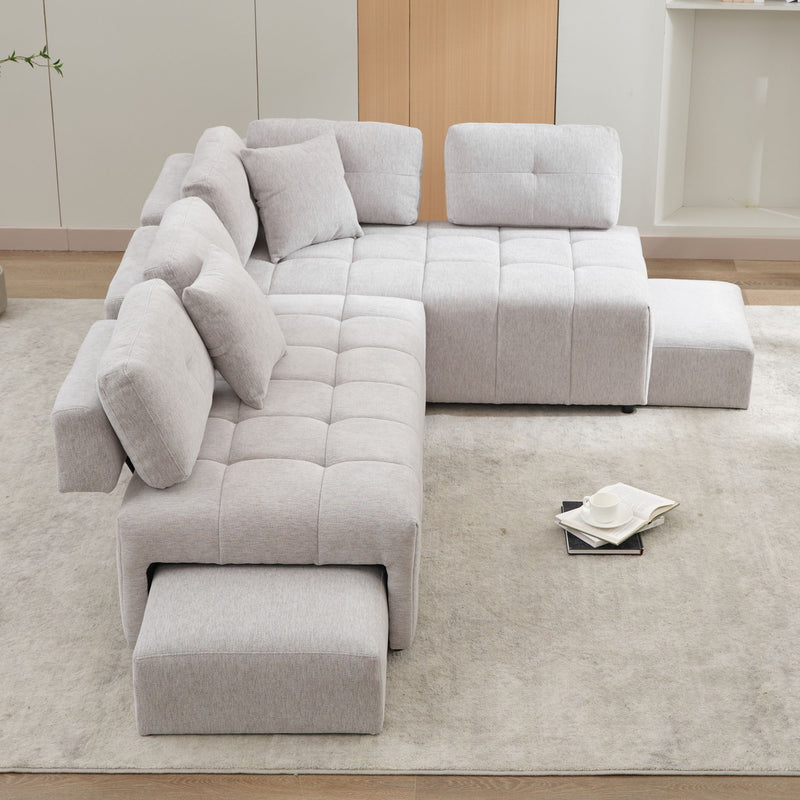 L-Shaped Sofa Sectional Sofa Couch With 2 Stools And 2 Lumbar Pillows For Living Room