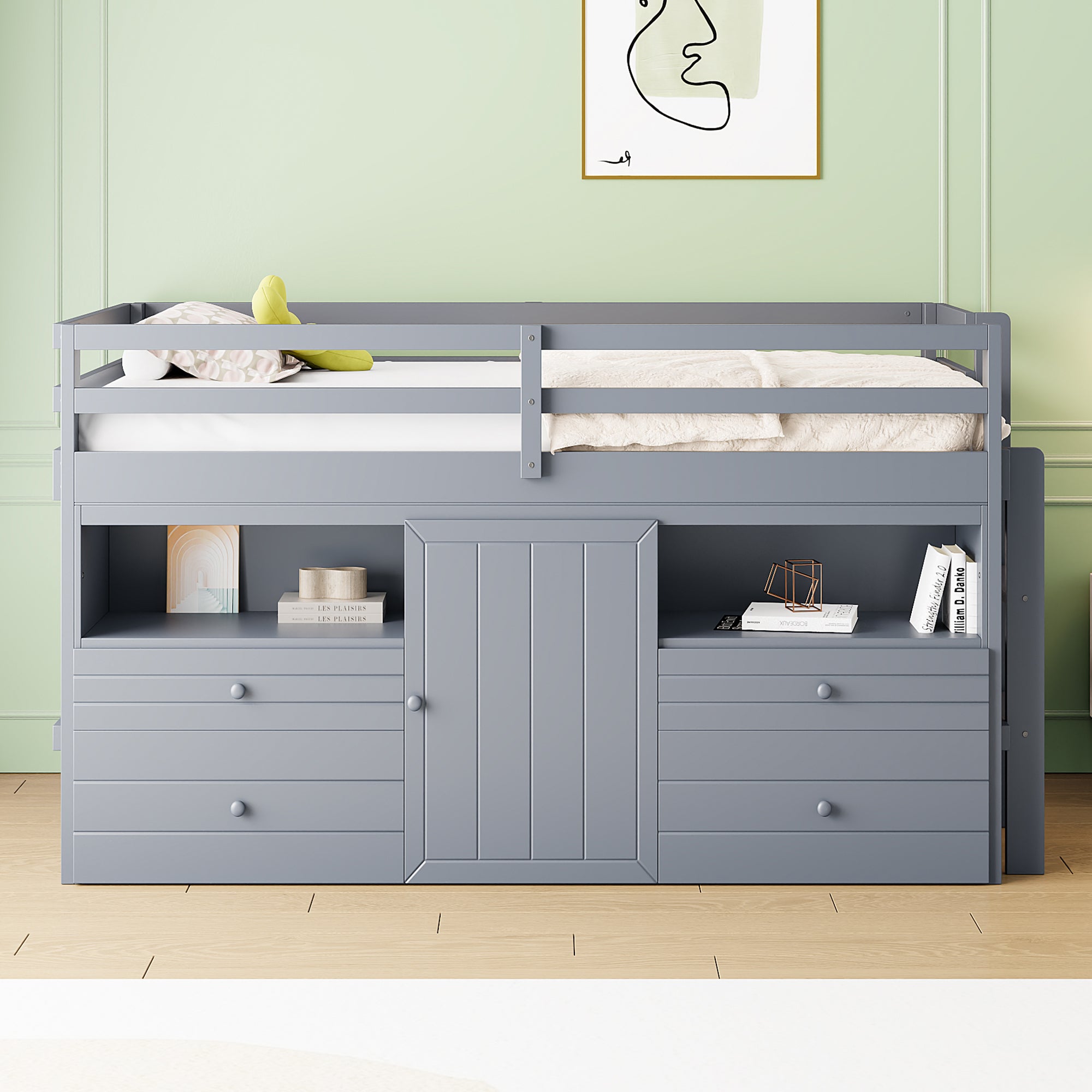 Twin Size Loft Bed with 4 Drawers, Underneath Cabinet and Shelves, Gray - Atlantic Fine Furniture Melbourne FL