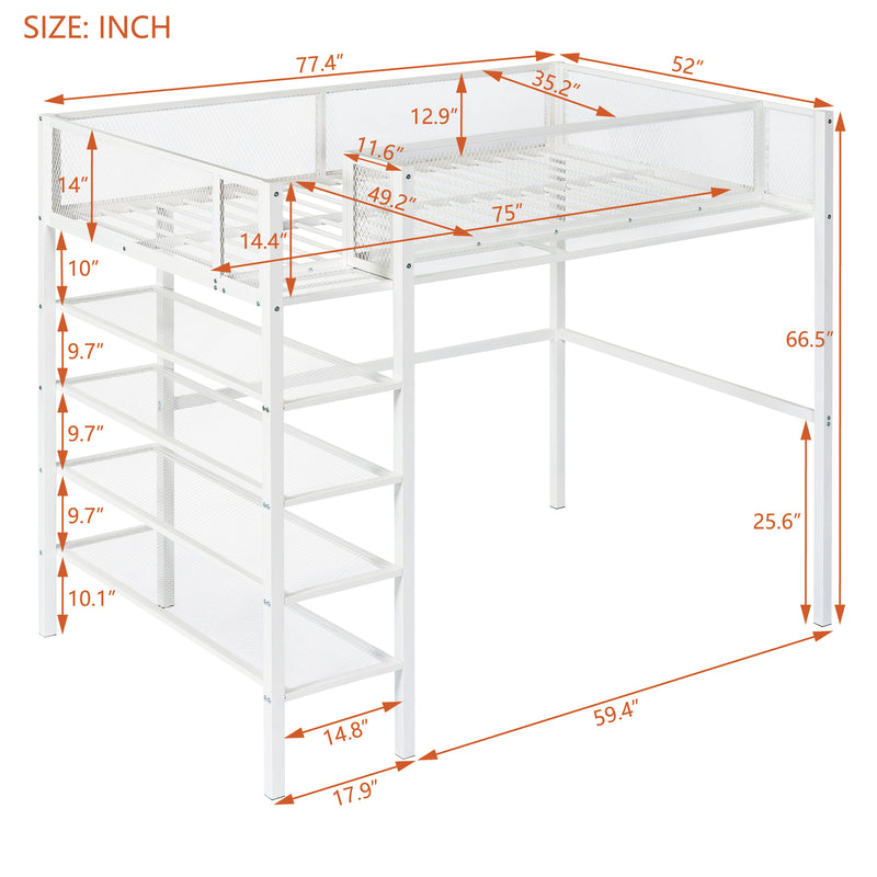 Twin Size Metal Loft Bed with 4-Tier Shelves and Storage, White