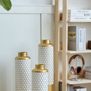 Modern Droplet Shaped Floor Vase Set Honeycomb Design, 3 Piece Metal Decorative Vases For Home Interior Display - Gold / White