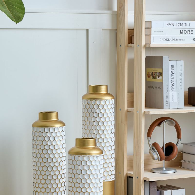 Modern Droplet Shaped Floor Vase Set Honeycomb Design, 3 Piece Metal Decorative Vases For Home Interior Display - Gold / White