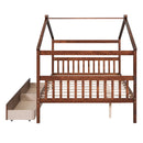 Full Size Wooden House Bed with Drawers, Walnut
