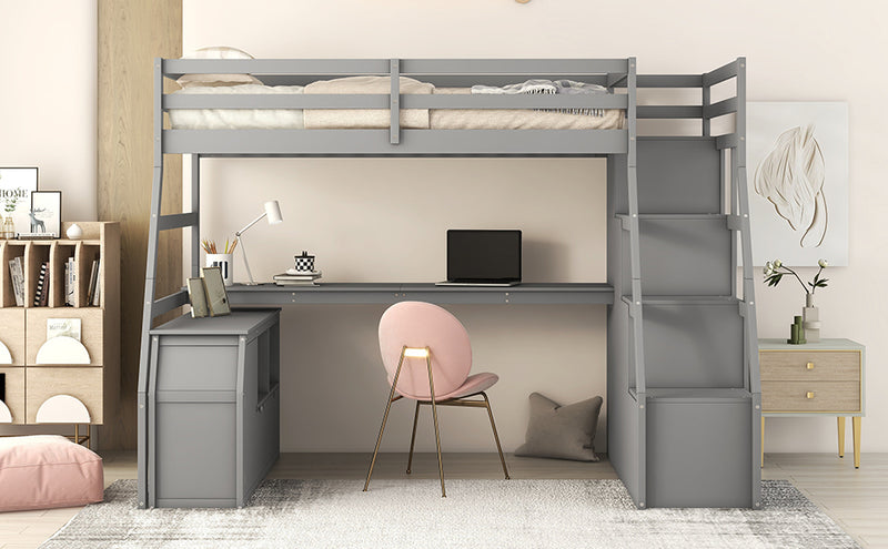 Twin Size Loft Bed with 7 Drawers 2 Shelves and Desk - Gray