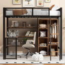 Full Size Loft Bed With Built In Desk, Wardrobe, And Shelves - Black