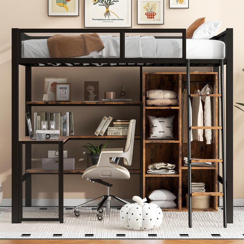 Full Size Loft Bed With Built In Desk, Wardrobe, And Shelves - Black