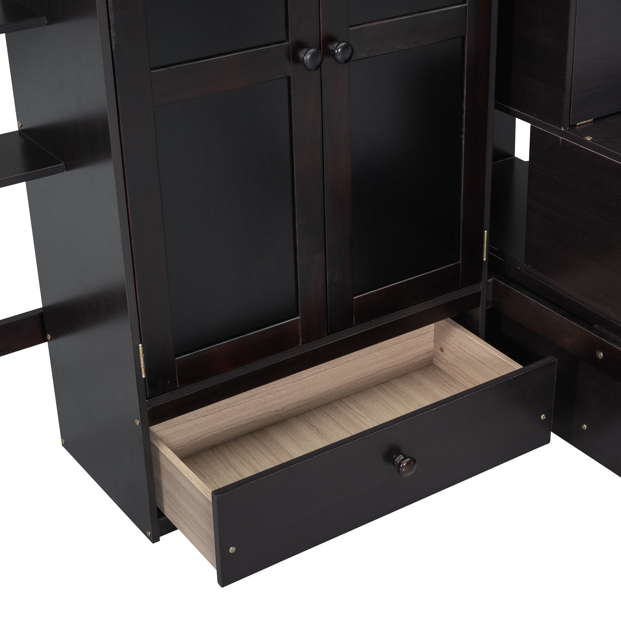 Full size Loft Bed with Bookshelf,Drawers,Desk,and Wardrobe-Espresso
