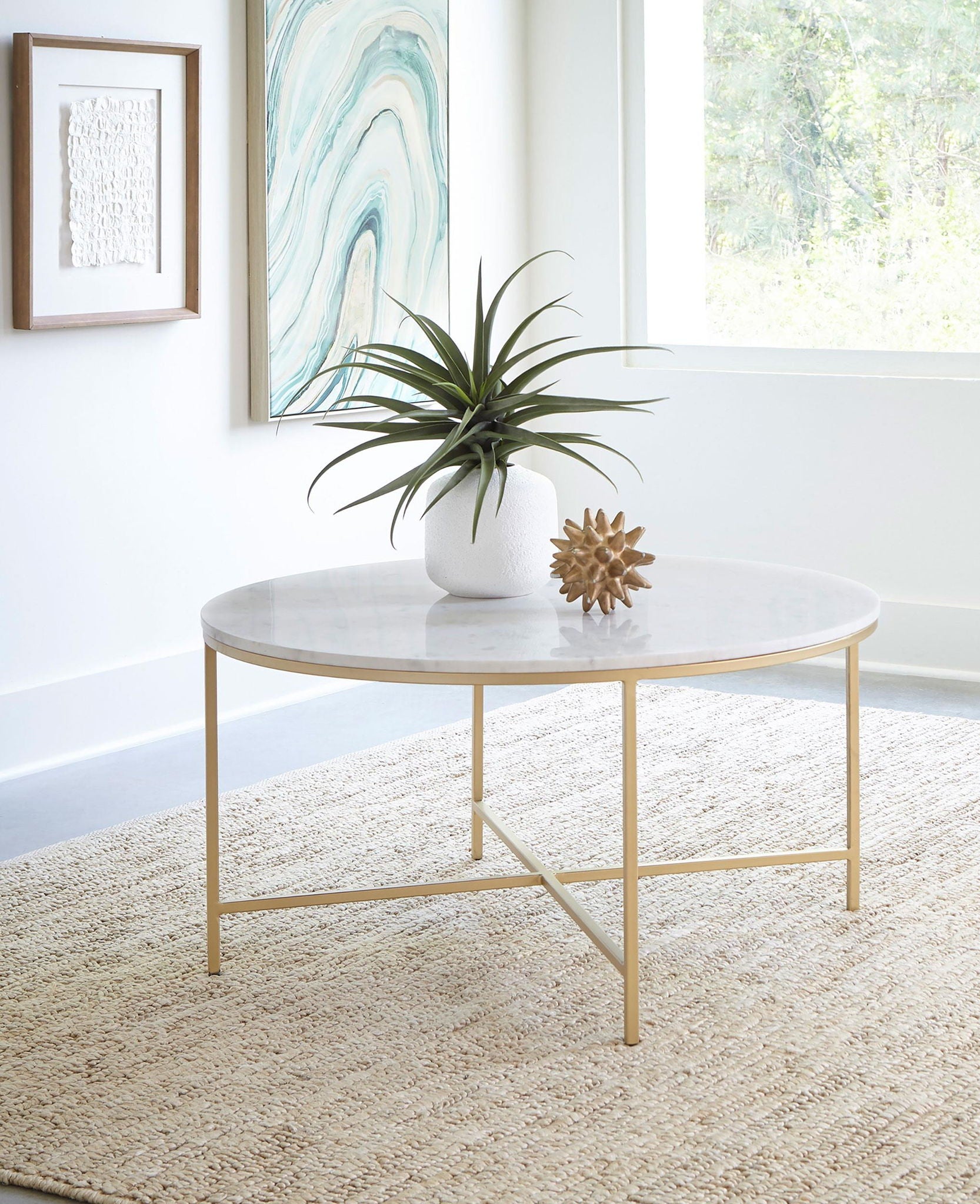 Ellison Round Marble Top Coffee Table White and Gold - Atlantic Fine Furniture Melbourne FL