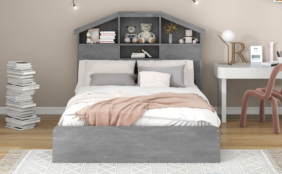 Full Size Wood Platform Bed with House-shaped Storage Headboard and 2 Drawers, Gray - Atlantic Fine Furniture Melbourne FL