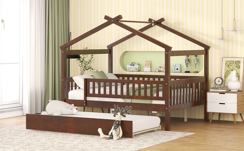 Full Size Wooden House Bed with Twin Size Trundle, Walnut