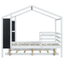 Full Size Wood House Bed with Fence and Writing Board, White