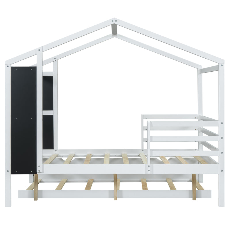 Full Size Wood House Bed with Fence and Writing Board, White