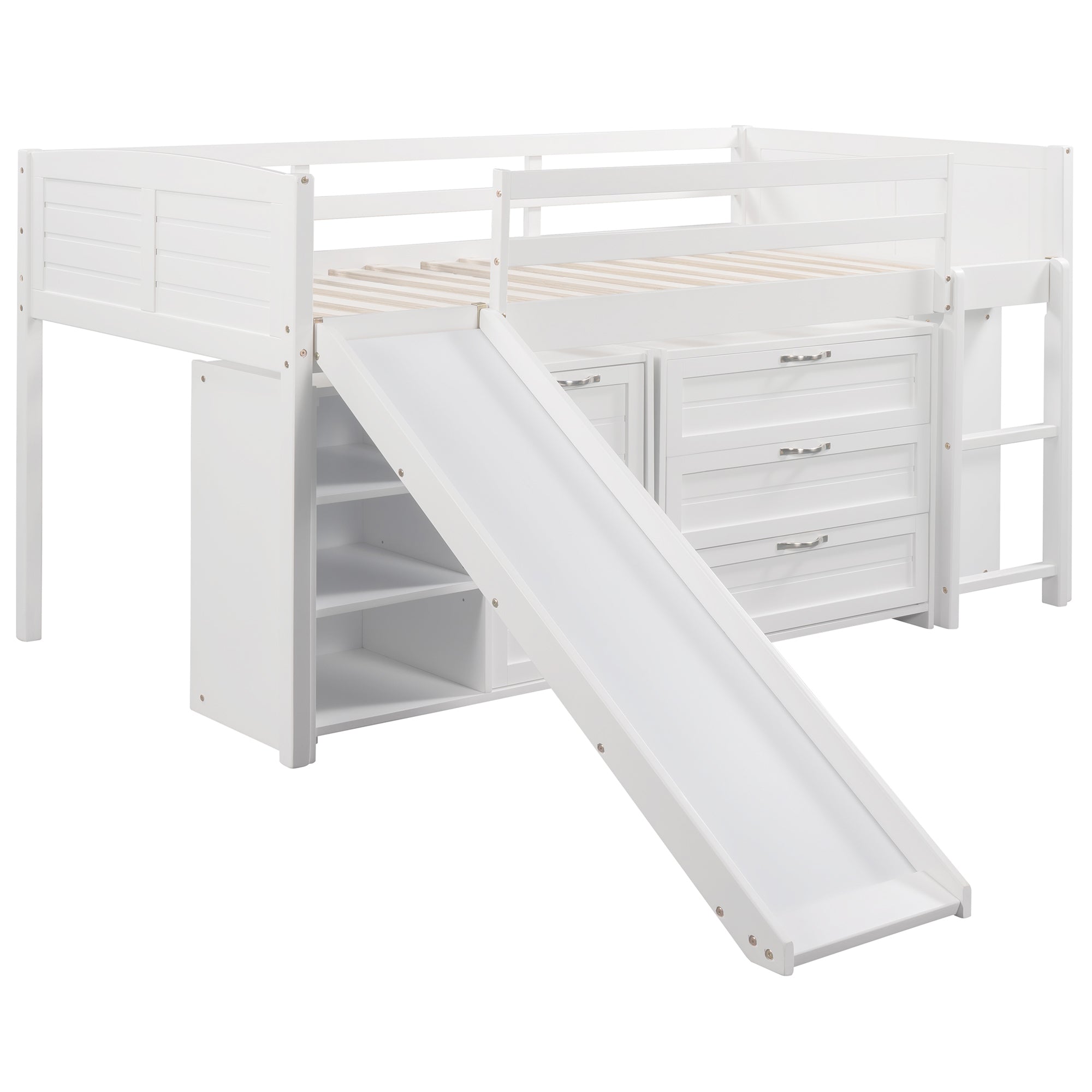 Low Twin Size Loft Bed with Cabinets, Shelves and Slide - White(OLD SKU :LP000503AAK) - Atlantic Fine Furniture Melbourne FL