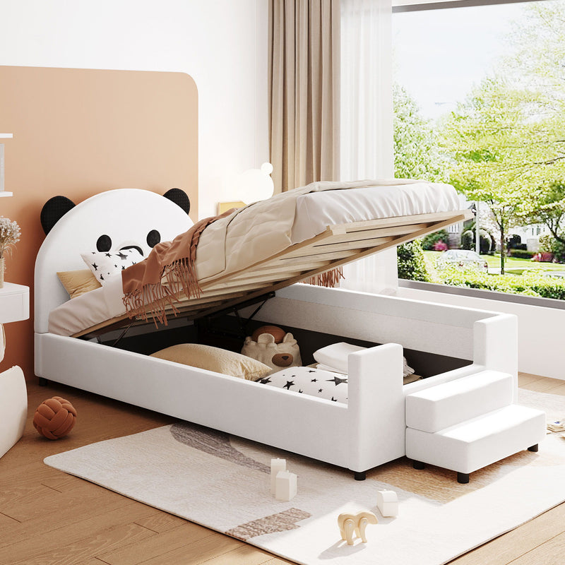 Upholstered Daybed With Bear Shaped Headboard, Hydraulic System And Breathable Mesh Fence