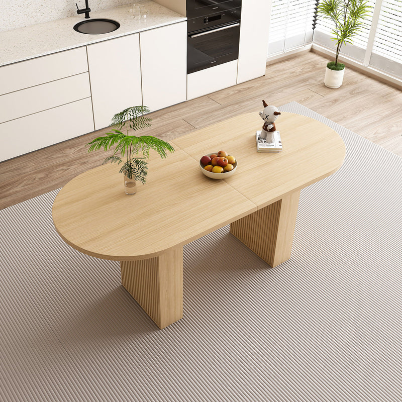Oval Dining Table For 6 People With Wood Strip Base - Burly Wood