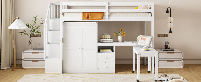 Loft Bed With Stairs, Bookshelf, Drawers, Desk & Wardrobe, Space Saving Multifunctional Furniture