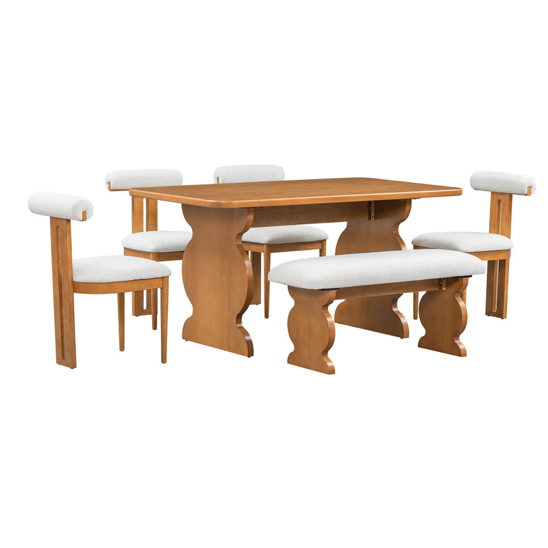 Mid-Century Modern Table Set For 6 Persons With 4 Chairs And Bench, Padded Seats And Backrest