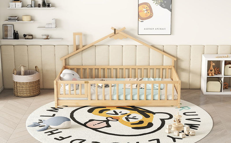 House-Shaped Bedside Floor Bed With Guardrails, Slats, With Door