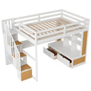 Full Size Loft Bed With Desk And Shelves, 2 Built In Drawers, Storage Staircase - Natural / White