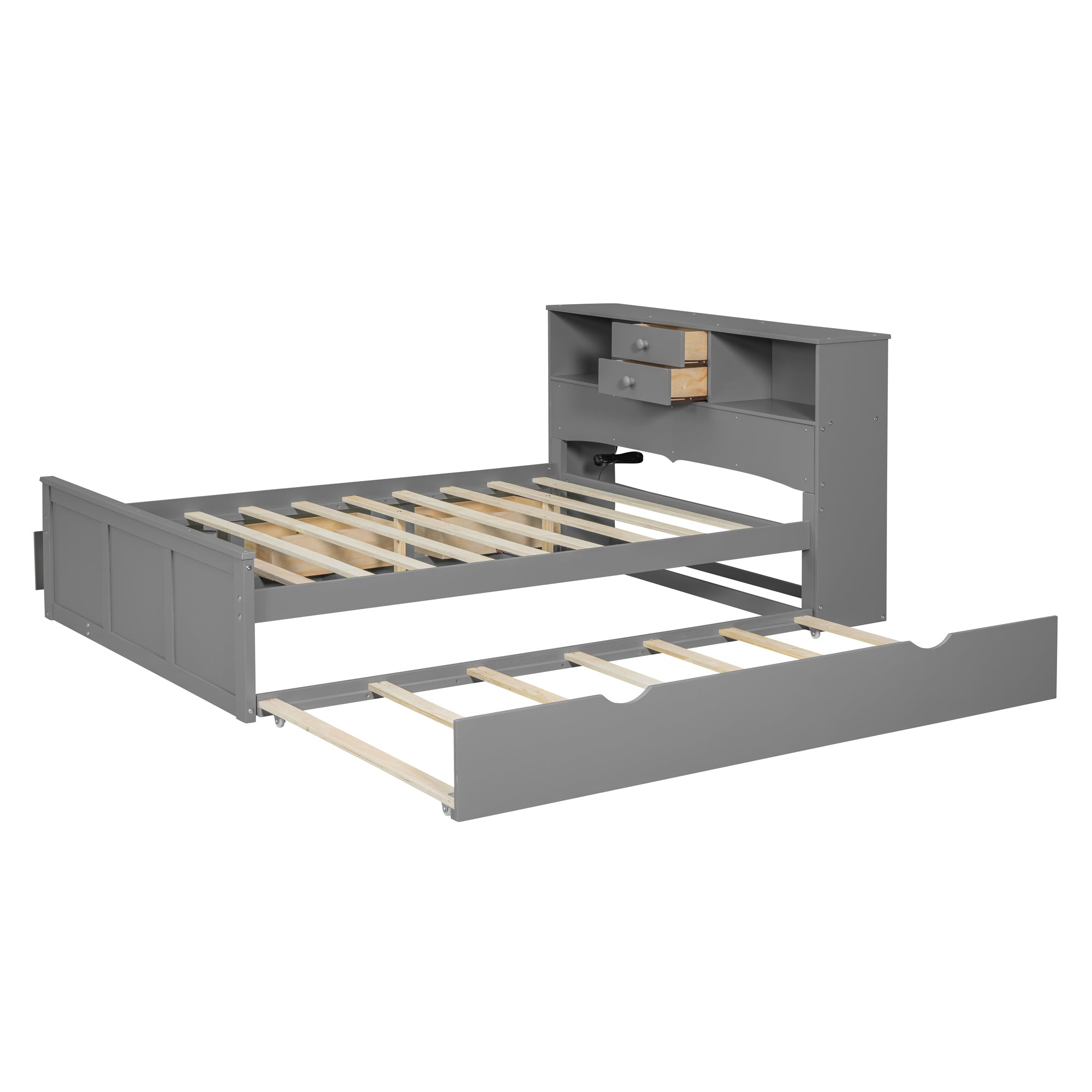 Full Size Wood Pltaform Bed with win Size Trundle, 3 Drawers, Upper Shelves and a set of USB Ports & Sockets, Gray - Atlantic Fine Furniture Melbourne FL