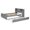 Full Size Wood Pltaform Bed with win Size Trundle, 3 Drawers, Upper Shelves and a set of USB Ports & Sockets, Gray