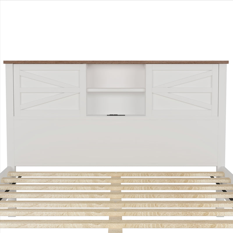 Farmhouse Platform Bed with Double Sliding Barn Door, Queen Size Rustic Wood Bed with
Charging Station, Wood Slats Support, White+Brown