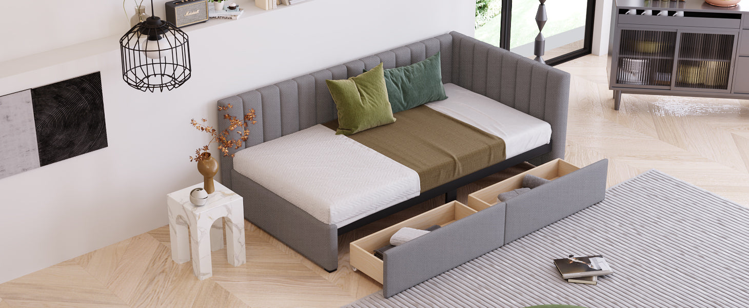 Upholstered Daybed with 2 Storage Drawers Twin Size Sofa Bed Frame No Box Spring Needed, Linen Fabric (Gray) - Atlantic Fine Furniture Melbourne FL