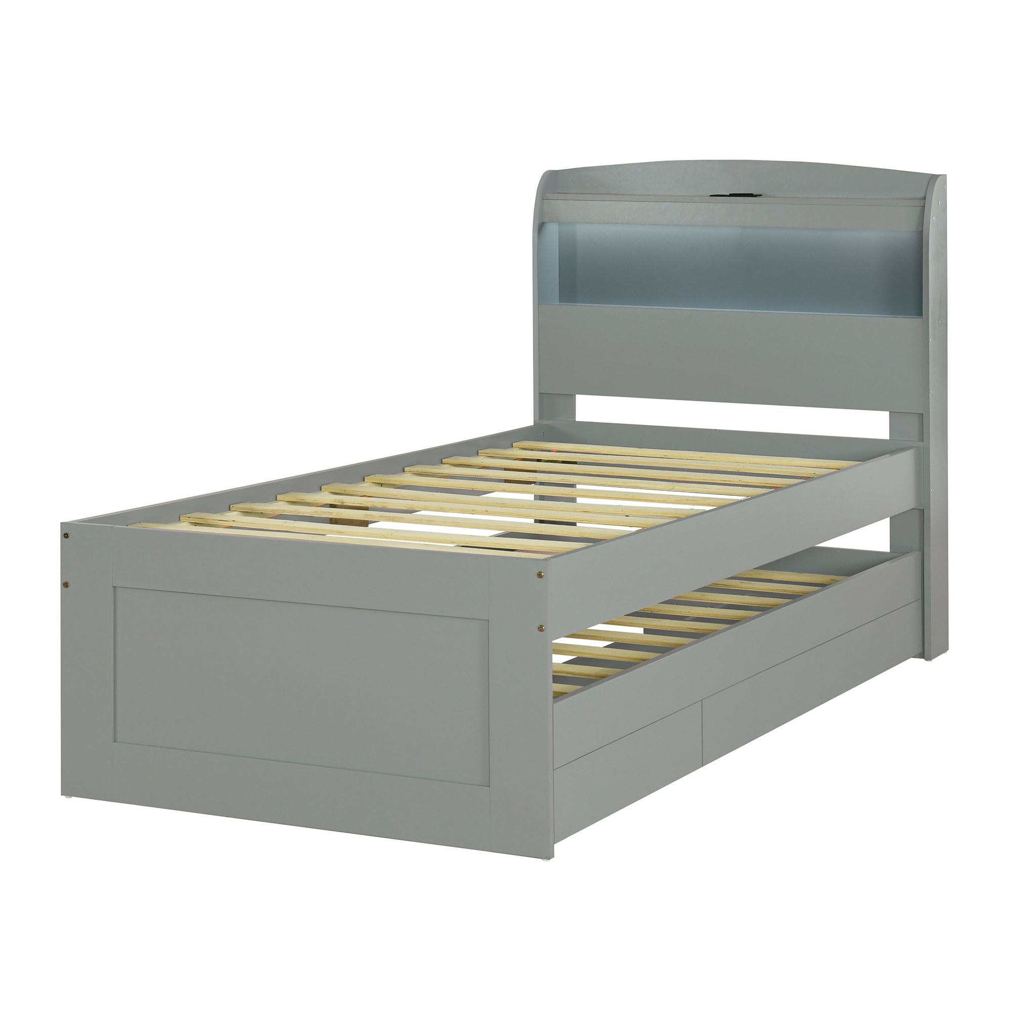 Twin XL Size Platform Bed with Storage LED Headboard, Charging Station, Twin Size Trundle and 2 Drawers, Gray - Atlantic Fine Furniture Melbourne FL