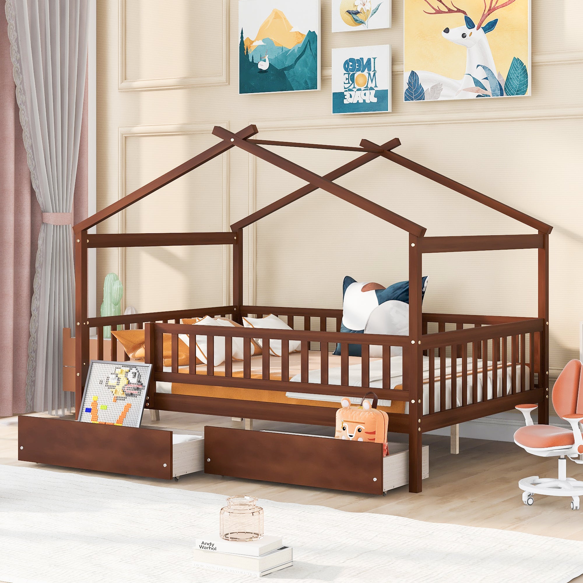 Full Size Wooden House Bed with Two Drawers, Walnut - Atlantic Fine Furniture Melbourne FL