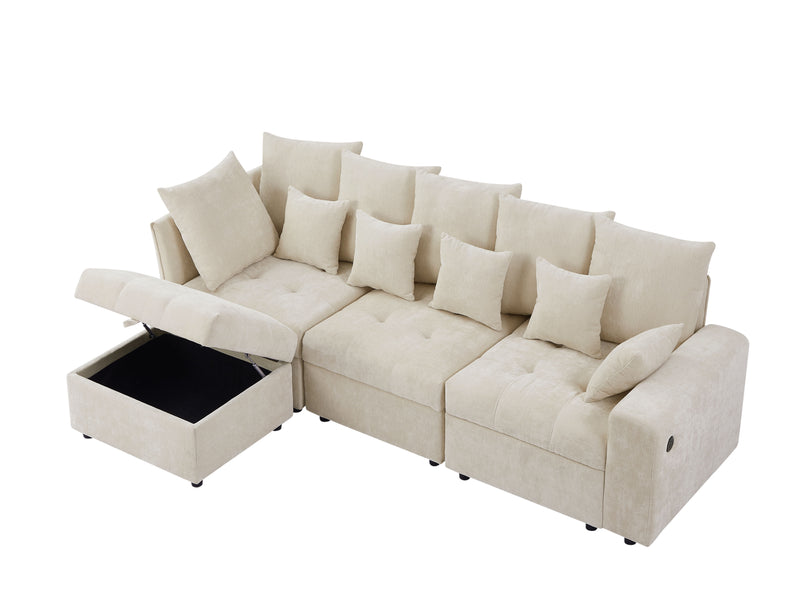 Sectional Sofa Modular Sofa Couch With Three USB Ports, A Removable Storage Ottoman And Five Back Pillows For Living Room