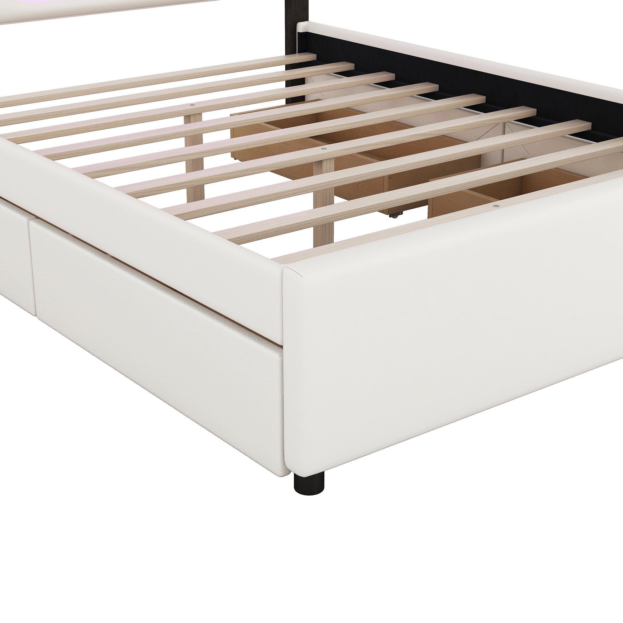Queen Size Upholstered Storage Platform Bed with LED, 4 Drawers and USB Charging, White - Atlantic Fine Furniture Melbourne FL