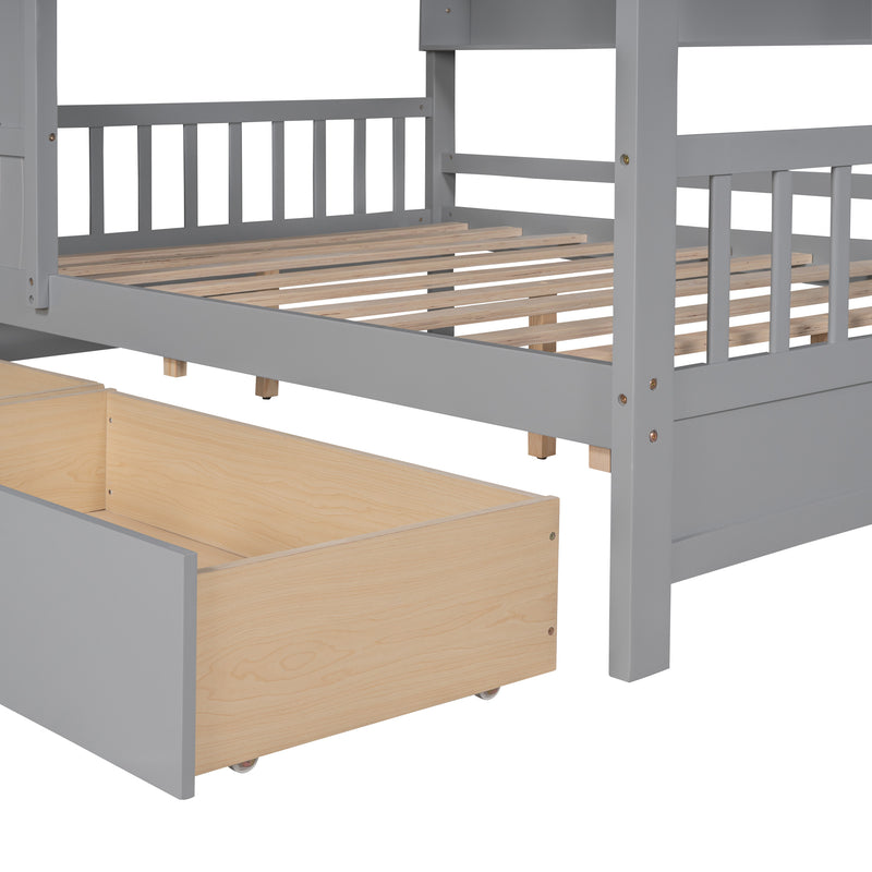 Wooden Full Size House Bed with 2 Drawers,Kids Bed with Storage Shelf, Gray