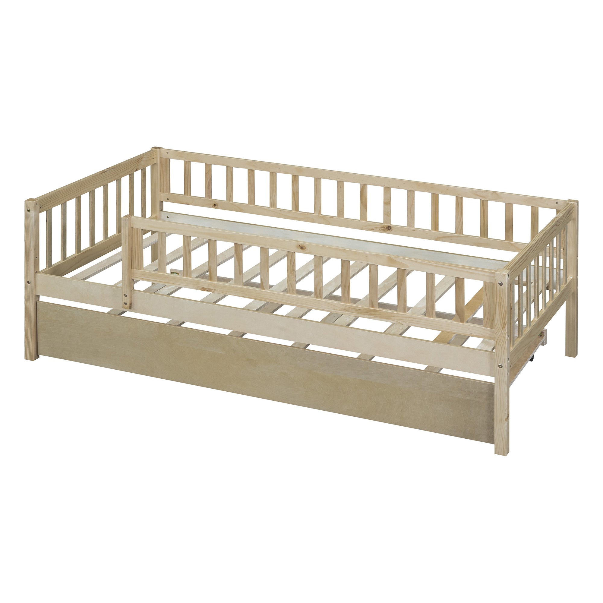 Twin Size Wood Daybed with Trundle and Fence Guardrails, Natural - Atlantic Fine Furniture Melbourne FL