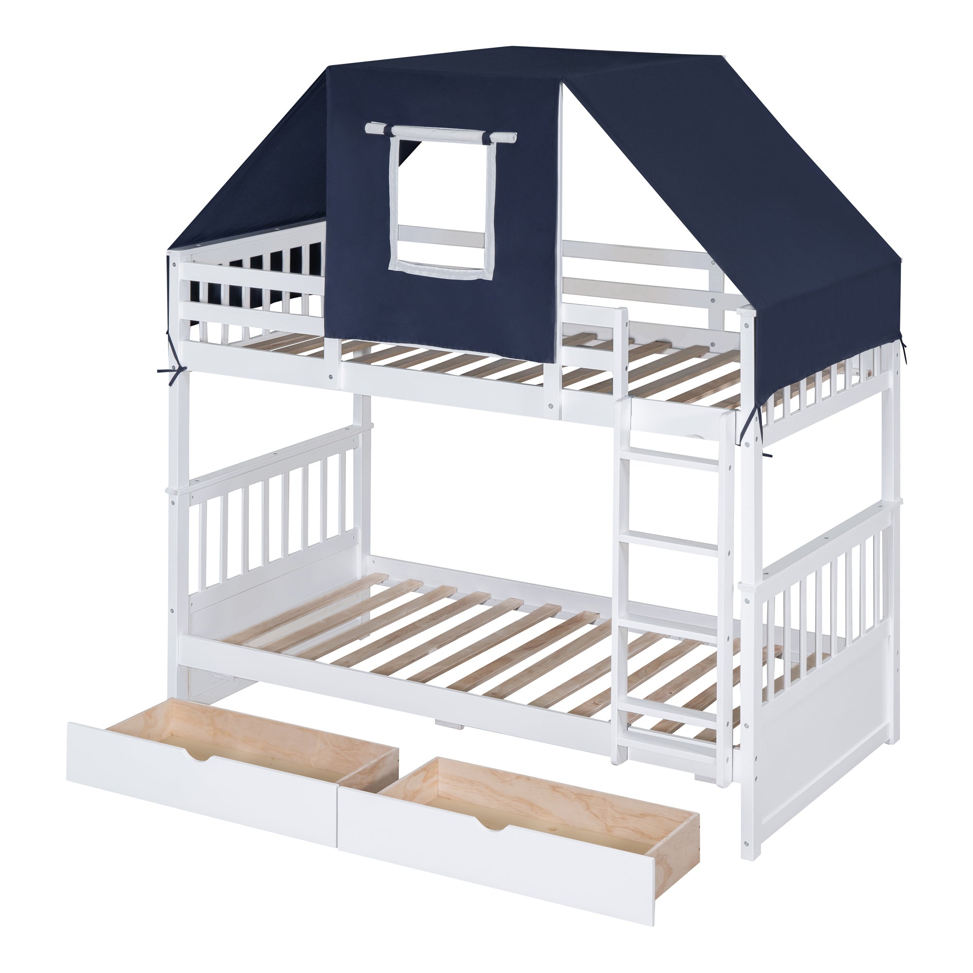Twin Over Twin Bunk Bed Wood Bed with Tent and Drawers, White+Blue Tent - Atlantic Fine Furniture Melbourne FL