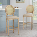 Country Chic Bar Stools (Set of 2) With Rattan Backrest And Upholstered Seat - Beige / Natural